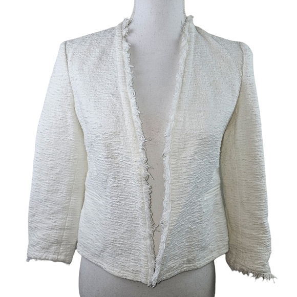 Theory White Boucle Nubby Open Front Cropped Jacket in 2 - Picture 1 of 6